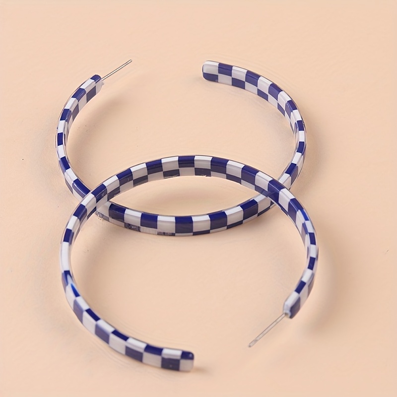 Women's Large Acrylic Checkerboard C-Shaped Hoop Earrings